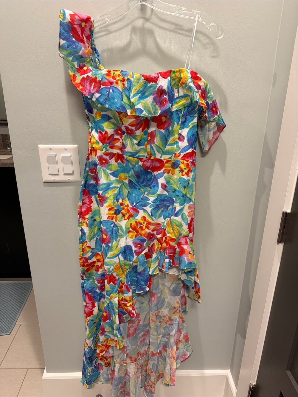 Amanda Uprichard One-Shoulder Floral Dress in Blue, Red, Yellow, Green